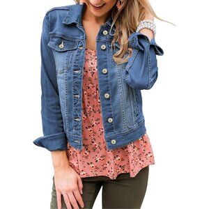 Women's Basic Long Sleeves Button Down Fitted Denim Jean Jacket Vintage Blue